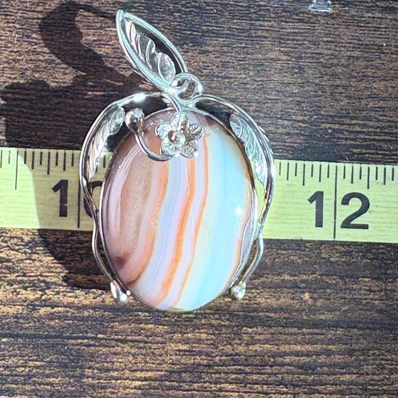 VTG Sterling Silver 925 Banded Agate Leaf Design Pendant Size 2.5" Length - Picture 10 of 11